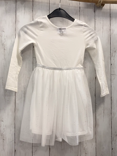 H&M  Kleid  Gr. 110  weiß transparenter Tüllüberrock mit Glitzerpunkten silber Glitzergürtelband 