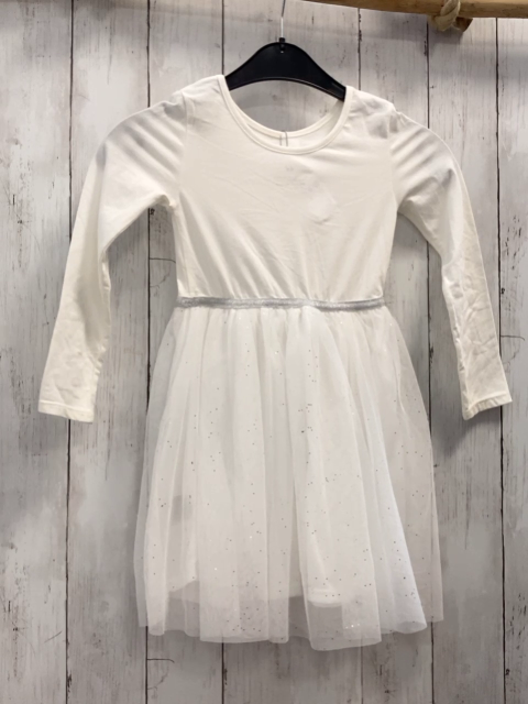 H&M  Kleid  Gr. 110  weiß transparenter Tüllüberrock mit Glitzerpunkten silber Glitzergürtelband 