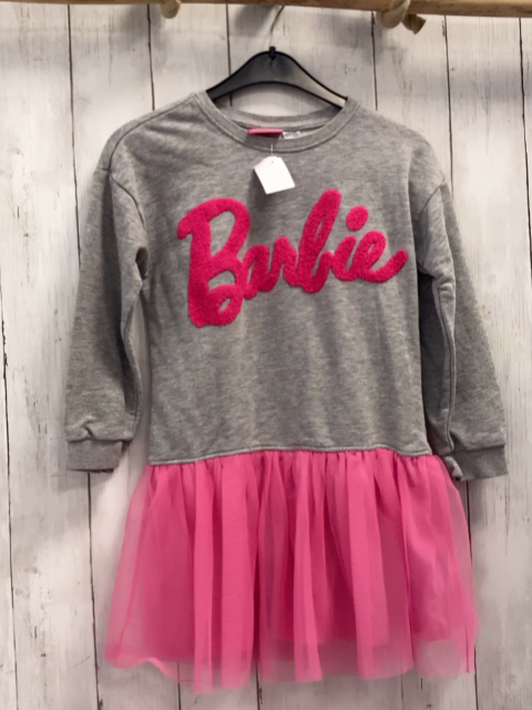 Barbie Kleid Gr. 122  graues Oberteil pink Schrift + pink Tüllrock