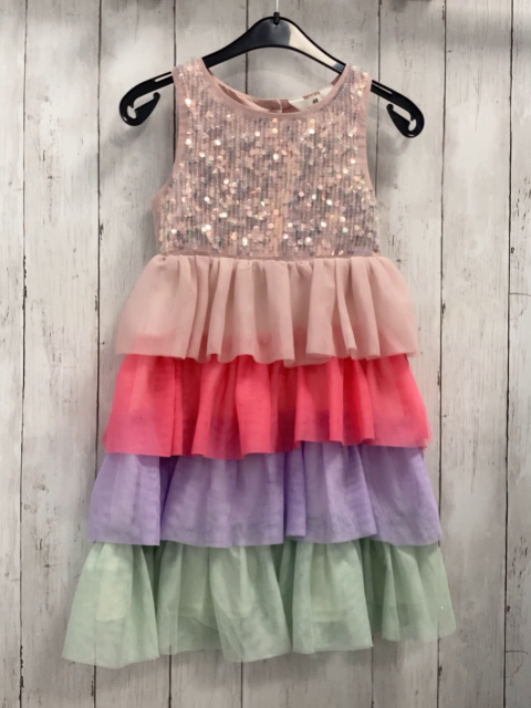 H&M  Kleid  Gr. 116  rosa Oberteil mit Pailetten bunte Tüllrüschen 