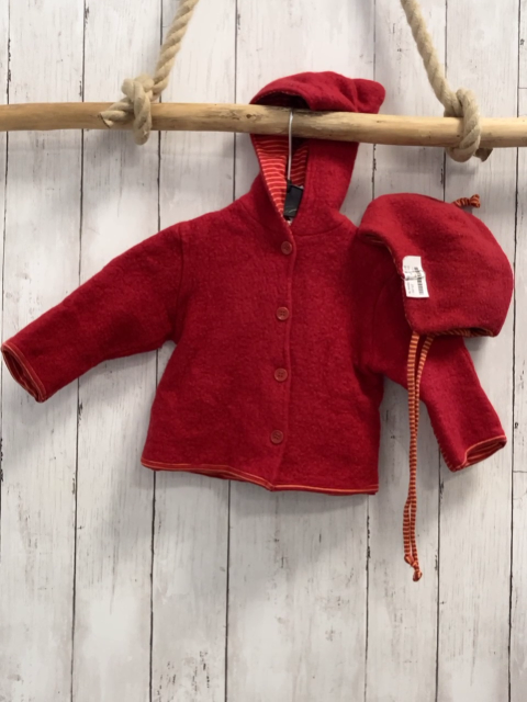 2tlg Hess Natur  Jacke + Mütze  Gr. 74   rot 100 % Schurwolle mit orange rot gestreiftem Futter 