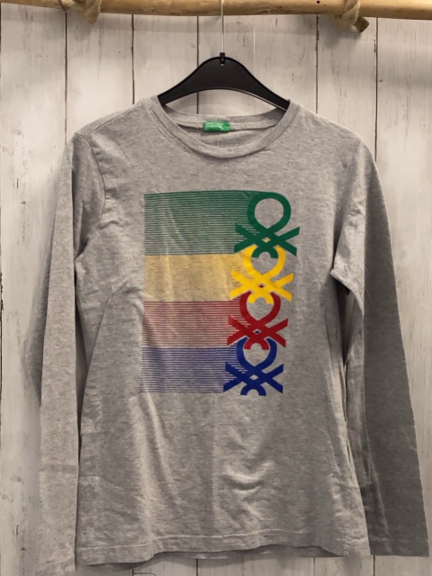 Benetton Langarmshirt  Gr. 170  hellgrau bunte Streifen + Labels 