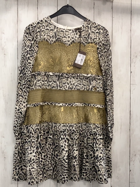 neu Roberto Cavalli  Kleid  Gr. 140  hellgrau schwarz golden leoprint + Blumenstickerei NP 715 € Outletpreis 465 € 