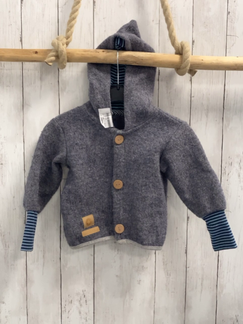  Wolljacke  Gr. 104  grau Schurwolle Kapuze blau hellblau gestreifter Bund + Futter 