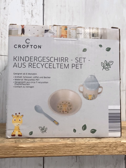 neu  Kindergeschirr  Gr. 3tlg   Becher Schüssel + Löffel im Karton grau Giraffe Blätter 