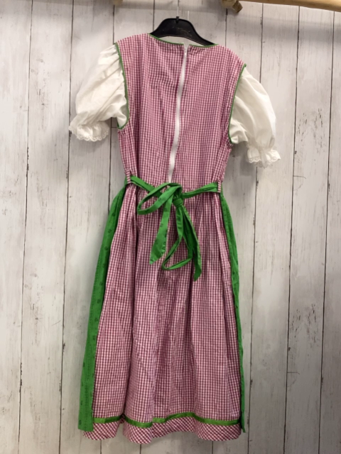 3tlg Isar Trachten  Kleid Schürze + Sommerbluse  Gr. 134  pflaume weiß kariert grüne Schürze weiße Bluse mit Lochstickrei 