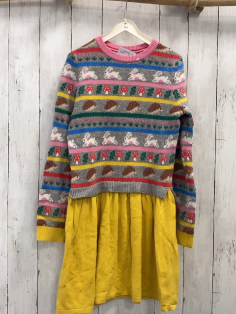 Mini Boden  Kleid  Gr. 140  grau bunte Streifen Strick mit Tieren Pilzen und Blumen gelber Rock