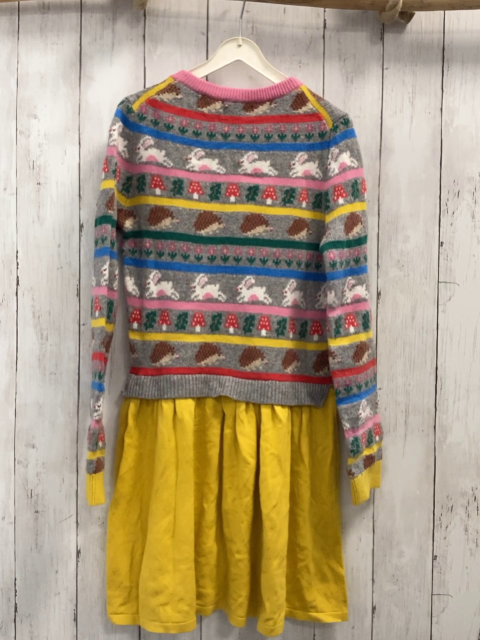 Mini Boden  Kleid  Gr. 140  grau bunte Streifen Strick mit Tieren Pilzen und Blumen gelber Rock