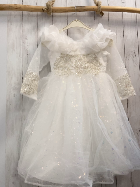   Kleid Gr. 128  weiß Tüllüberkleid mit Perlen + Pailetten 