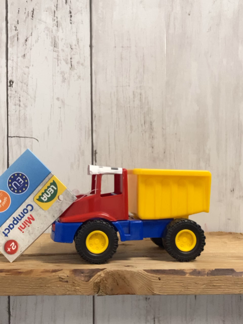 neu  Plastikspielzeug kleiner  rot gelb blauer Kipper 