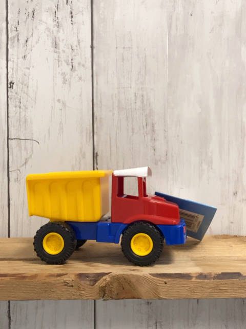 neu  Plastikspielzeug kleiner  rot gelb blauer Kipper 