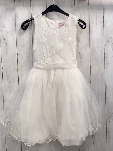   Kleid  Gr. 134/140  weiß Oberteil mit silber Pailetten Rosetten Tüllüberrock