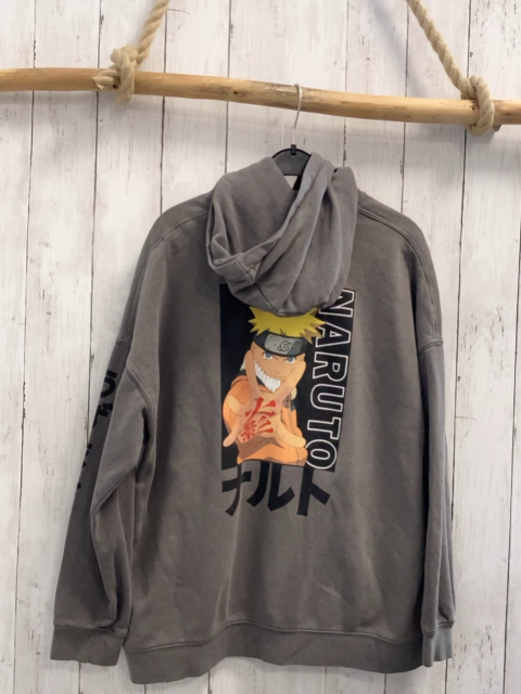 H&M Pullover  Gr. 146/152  grau Kapuze Figur Schrift Bauchtasche 