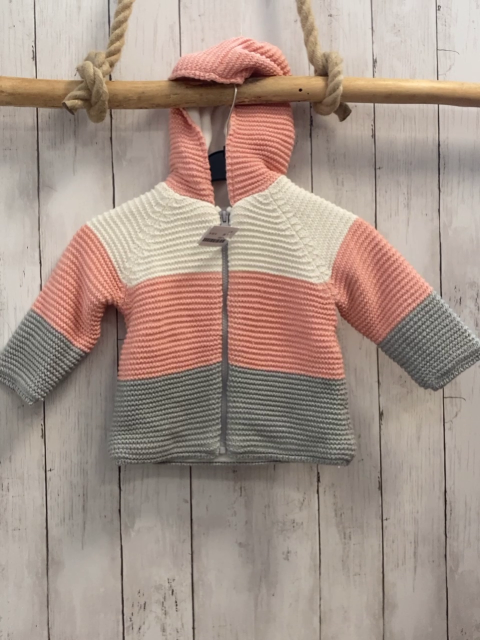   Strickjacke   Gr. 80  rosa weiß mint Streifen Rippen Kapuze 