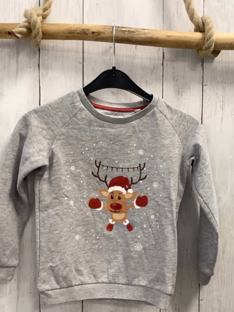   Pullover  Gr. 110  grau Elch mit Weihnachtsmütze 