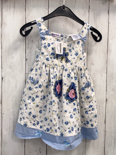 Blueberri  Kleid  Gr. 86  weiß blaue Blumen + hellblau weiß karierte Schleife + Bund 