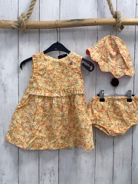 3 tlg Sergent Major  Kleid Höschen + Hut  Gr. 80  gelb blumen Rüschen 