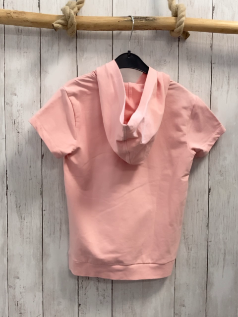   T-Shirt Gr. 134  rosa bunter Bruststreifen mit Schrift Kapuze 