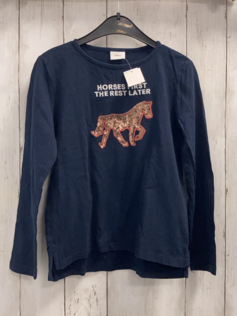 S´Oliver  Langarmshirt  Gr. 128  blau bronze Pailettenpferd weiße Schrift 