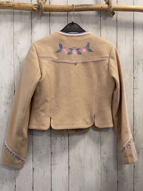 Amisu  Trachtenjacke  Gr. 38  beige + hellblau rosa gestickte Blumen + weiße Borte 