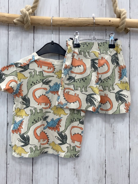 2tlg  T-Shirt + Shorts  Gr. 92  beige Rippen bunte Dinos 