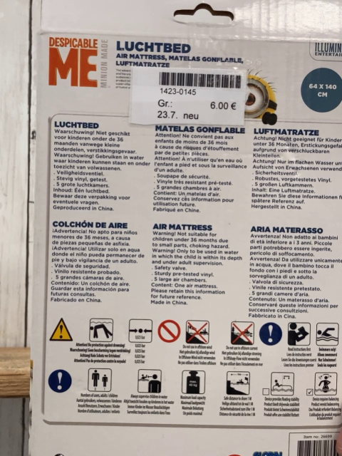 neu  Luftmatratze 64 x 140cm  gelb Minions im Karton 