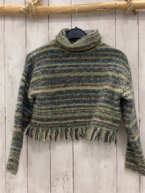 Zara  Pullover  Gr. 128  beige blau mint oliv gemustert Strick Rolli Fransensaum 