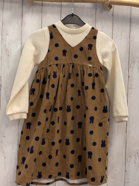 Petit Main  Kleid  Gr. 128  braun Kord schwarze Punkte + Hasenköpfe beige Halsausschnitt + Ärmel 