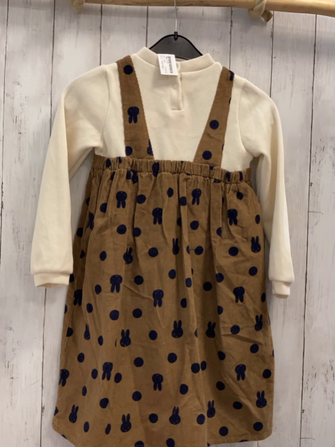 Petit Main  Kleid  Gr. 128  braun Kord schwarze Punkte + Hasenköpfe beige Halsausschnitt + Ärmel 