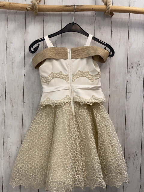 neu Monna Lisa  Kleid  Gr. 128  weiß Blumenstickerei mit goldenen Fäden sand Kragen mit golden glitzer Tüllüberrock + weißer Unterrock 
