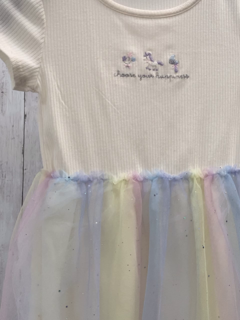   Kleid  Gr. 122/128  creme Rippen Stickerei auf dem Oberteil bunt gestreifter Tüllrock mit silber Glitzerpunkten + -sterne 