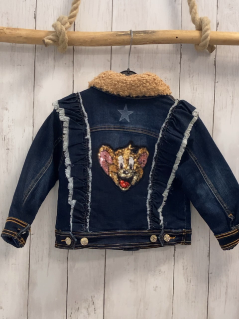 Monna Lisa  Jacke Gr. 110  blau Jeans abtrennbarer brauner Teddykragen Pailettenbild "Jerry" auf der Rückseite Sterne orange Nähte
