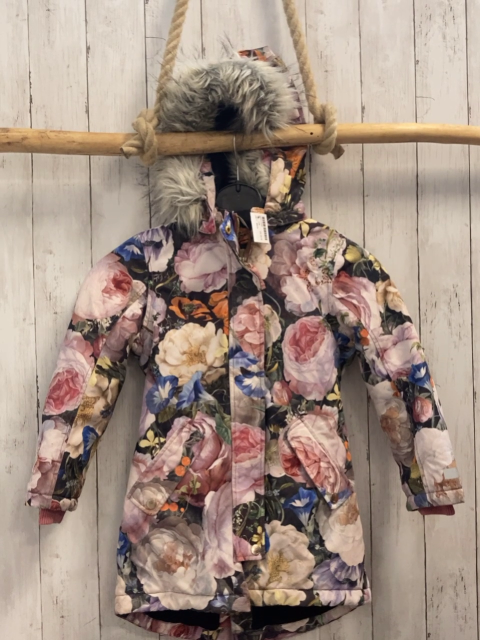 Molo  Mantel  Gr. 128  große bunte Blumen Kapuze mit abtrennbarem Plüschbund 