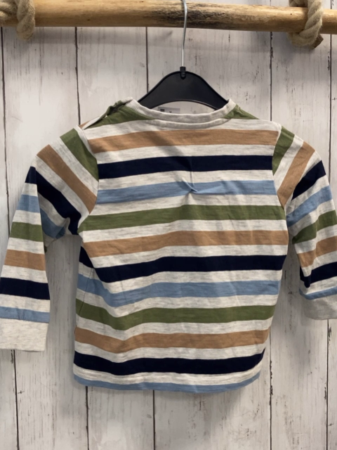   Langarmshirt  Gr. 92  hellgrau beige blau hellblau oliv Streifen braune Schrift 