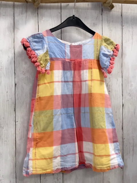H&M  Kleid  Gr. 110  weiß hellblau hellgrün rot gelb kariert rosa Bommelsaum 
