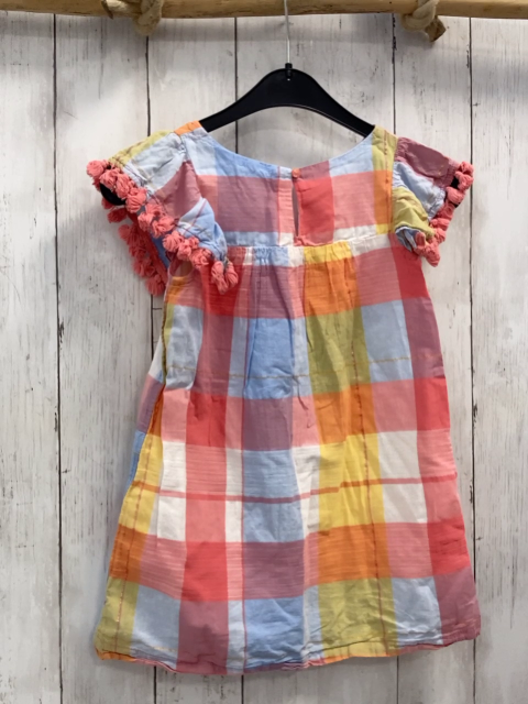 H&M  Kleid  Gr. 110  weiß hellblau hellgrün rot gelb kariert rosa Bommelsaum 