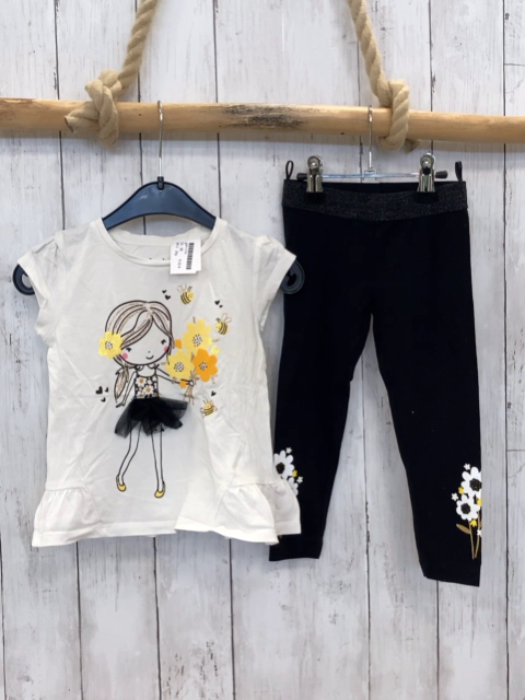 2tlg  T-Shirt + Leggings  Gr. 98  weiß Mädchen mit schwarzem Rock Blumen + Bienen mit Glitzer+ schwarz mit Blumen  