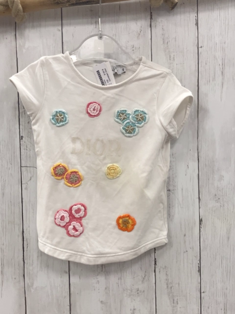 Christian Dior  T-Shirt  Gr. 104  weiß Schrift Häkelblaumen mit Perlen 