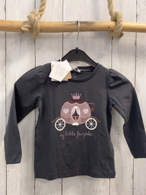 neu Name it  Langarmshirt  Gr. 86  grau Kutsche Schrift Glitzer 