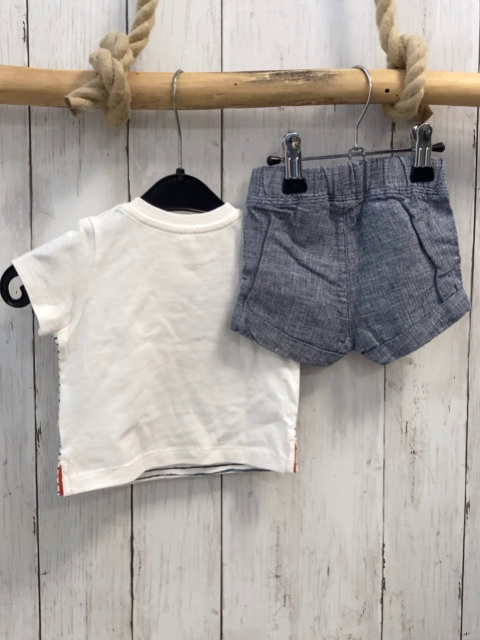 2tlg H&M  T-Shirt + Shorts  Gr. 56  weiß blaue Streifen hellrote Schrift + blau grau meliert mit blauer Kordel