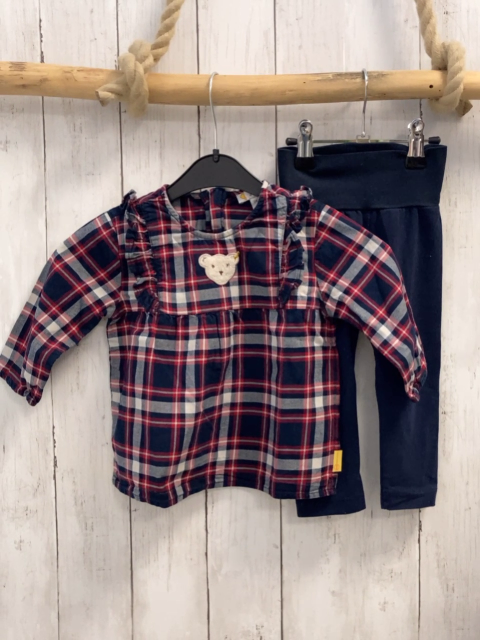 2tlg Steiff  Kleid + Leggings  Gr. 74  blau rot weiß kariert Rüschen + blau 