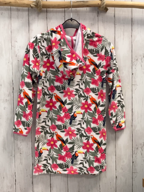  Kleid Gr. 134  weiß oliv pink Blumen Vögel Kapuze Frottee