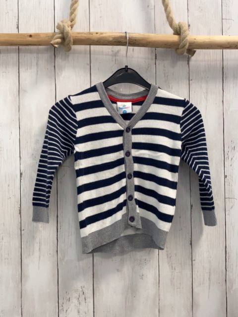  Strickjacke  Gr. 92  blau weiße Streifen grauer Bund + graue Aufnäher an den Ellenbogen