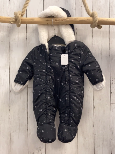 Vertbaudet  Winteroverall Gr. 56  schwarz hellgrau Kristalle + Sterne weißer Plüschbund + weißes Plüschfutter 