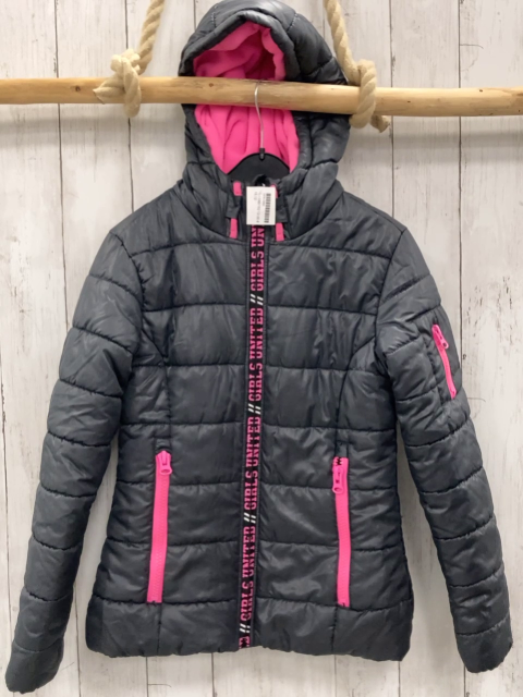   Winterjacke  Gr. 146/152  grau schwarrzer Bund mit pink Schrift pink Reißverschlüsse 