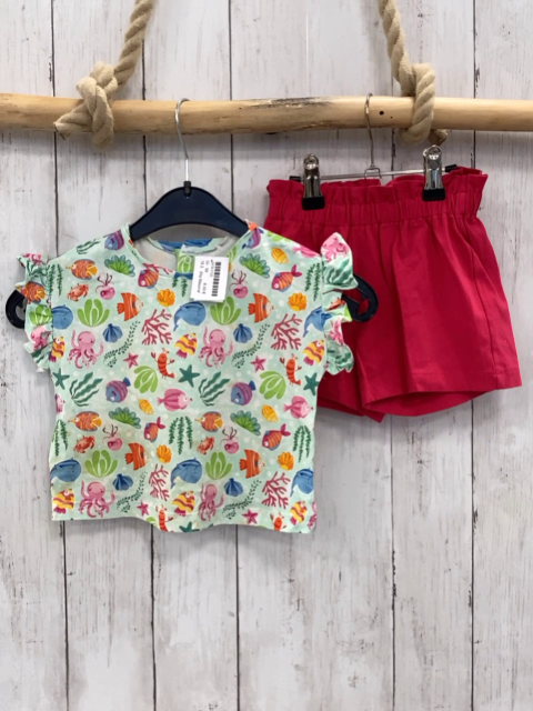 2tlg Mayoral T-Shirt + Shorts  Gr. 98  mint bunte Fische und Wasserpflanzen + pink 