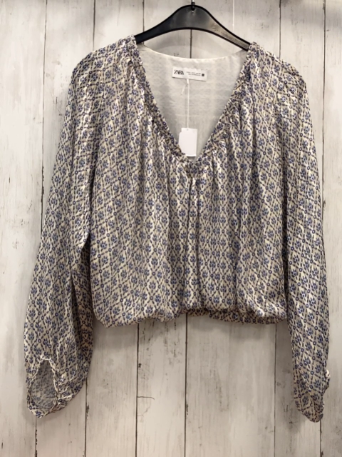 Zara  Bluse Gr. S  beige blau goldener Druck 