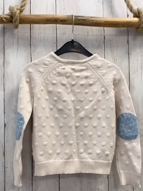 Esprit  Strickjacke  Gr. 104  weiß Noppen hellblaue Aufnäher mit weißen Punkten 