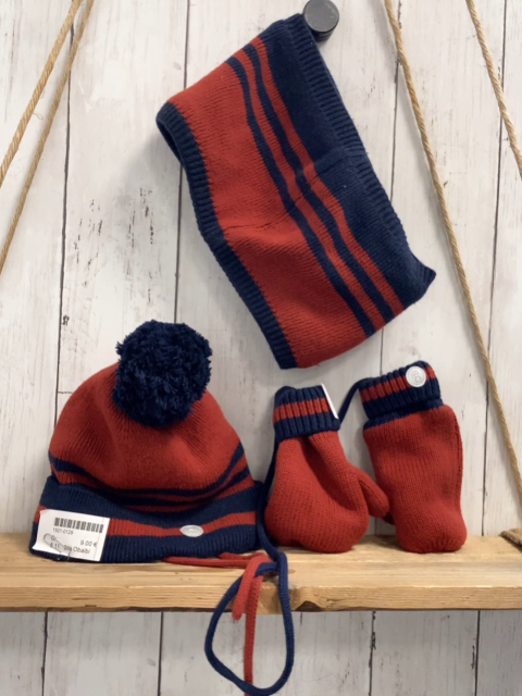 3tlg Obaibi Mütze (51cm) Schal Handschuhe rost blau Strick Bommel 