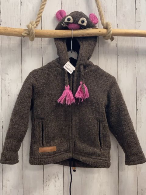 Sternstunde Wolljacke Gr. 110  braun 100 % Wolle rosa Bommel